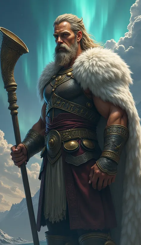 Heimdal god with his horn in his hand hyper realistic illustration