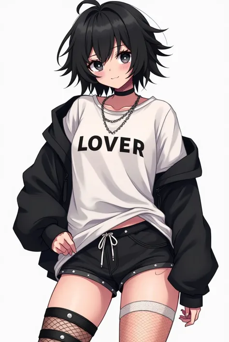 A 18 year old boy with black fluffy hair that somewhat covers his eyes, curvy but skinny figure(with v-line,thick thighs and butt),dark circles under eyes, black eyes,white baggy t-shirt with the words Yaoi lover on it, black hoodie around waist, booty sho...