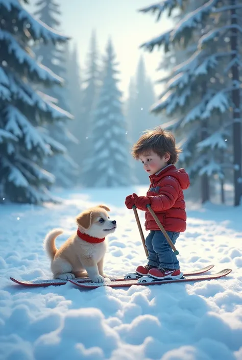 Of course!  The script is as follows :
 SCENE 1 :  It starts with an image of a snowy forest .  The camera moves slowly upwards to reveal a small  skiing downhill.
Scene 2:  The boy is still skiing ,  but now the camera is closer .  Behind it , you can see...