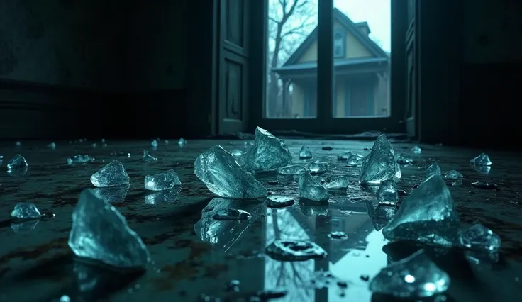 glass fragments on the floor, close-up on the fragments and the floor, an old house in the reflection of glass fragments, gloom, mysticism, darkness, anime style