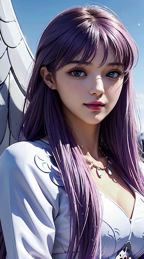  s_Saori, Saori_ノーsleeve _white_ dress, Saori_accessories, staff_Nod, Athena_ shield , AthenaCloth_armor, Saori_ full of hope_sleeve _white_ dress, Purple Hair,  long hair,  beautiful,  beautiful woman,  perfect body, Perfect breasts, smile,  realism , mas...