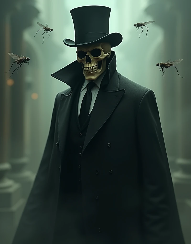  An ethereal vision of a skull-faced man wearing a black suit and a top hat, surrounded by a dark aura , but protective.  Fly flies float in the air ,  while a subtle glow highlights the skeletal figure in a hazy environment .