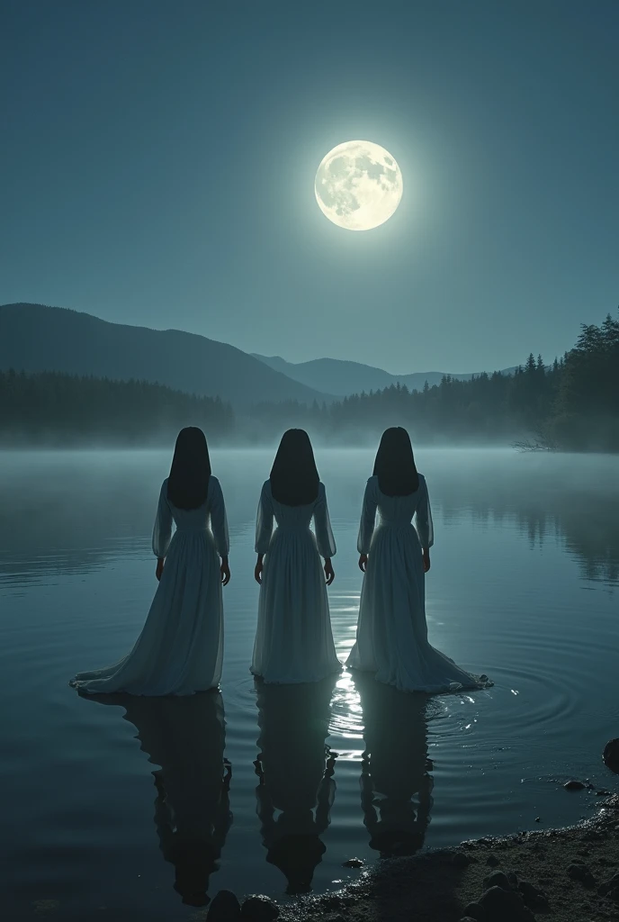 THREE SISTERS CALLED LAS TRES PASCUALAS IN CHILE IN THE 19TH CENTURY WEARING WHITE DRESSES AND NEXT TO THEM A HANDSOME YOUNG MAN AT A LAKE AT NIGHT WITH A FULL MOON AND FOG IN A LAKE REFLECTING THEIR BODIES

Modelo
SeaArt Infinity
688 x 1024px

