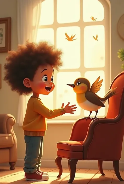 Drawing of a happy boy with curls teaching a bird that is on a chair to fly, all in horizontal format 