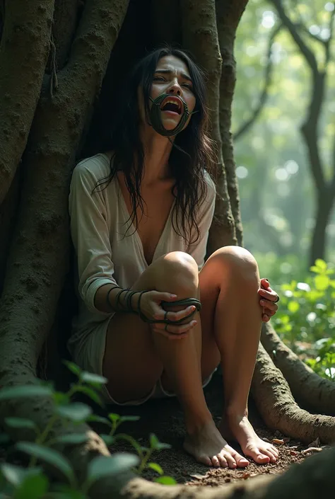 Woman tied and gagged on a tree