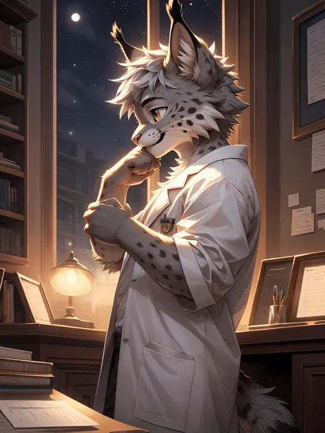 (gray fur:1.3), lynx, (young:1.3), shota, solo, paw pads details, cover page, top quality, paid reward available, unparalleled masterpiece, perfect artwork, Recording research, easygoing, white lab coat, Touching his chin and thinking, masterpiece, (16K), ...