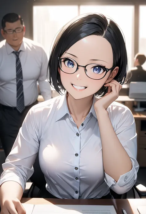 RAWphoto,photorealistic,8k16k,best quality,perfect anatomy,perfect detailed,ultra highres, extremely detailed eyes and face,gleaming skin,shiny skin,1girl,Japanese,black short hair,pixie cut, (wearing glasses:1.3),(parted bangs,forehead:1.2),round face,med...