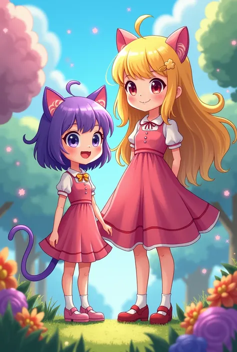 Two cartoon girls, one with short purple hair with cat ears and the other with long blonde hair with a full body. 