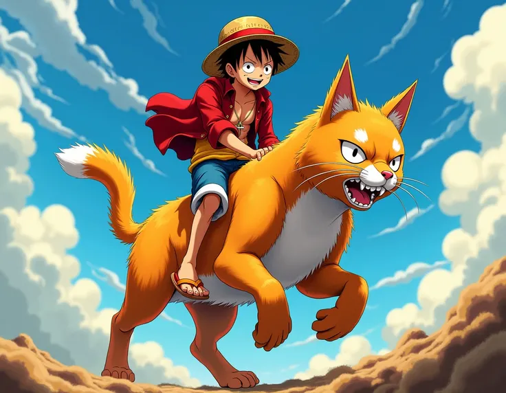 Luffy on top of a moving cat,  anime style