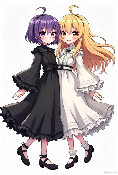 Two cartoon girls, one with short purple hair and the other with long blonde hair, with a full body in a black and white dress. 