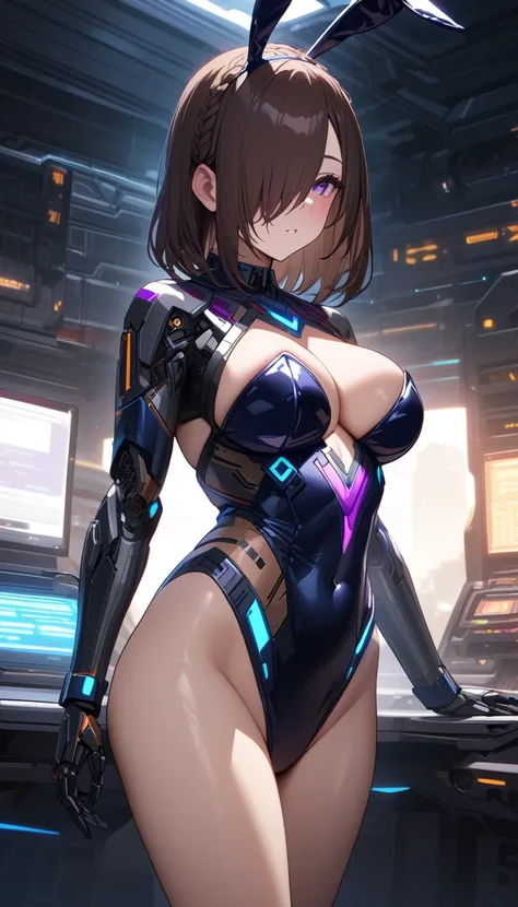 (masterpiece, Highest quality:1.2), (1girl),((medium hair)), ((dark brown hair)), (straight hair), ((hair over face)), (hair over one eye), (hair over right eye), (cybernetic playboy bunny costume), sci-fi, mechanical body, (purple eyes), (big breast), hig...