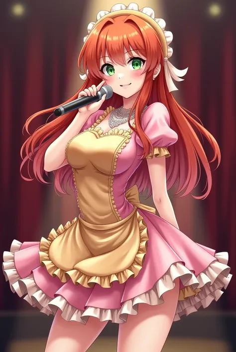 (Masterpiece, Anime Style, Best quality) 2D illustration, professional work, trending on pixiv, Japanese Idol anime, Perfect fingers, perfect arms. posing sensually. hot girl, singing. alone on a stage. full body. dark orange hair. long and lush hair. gree...