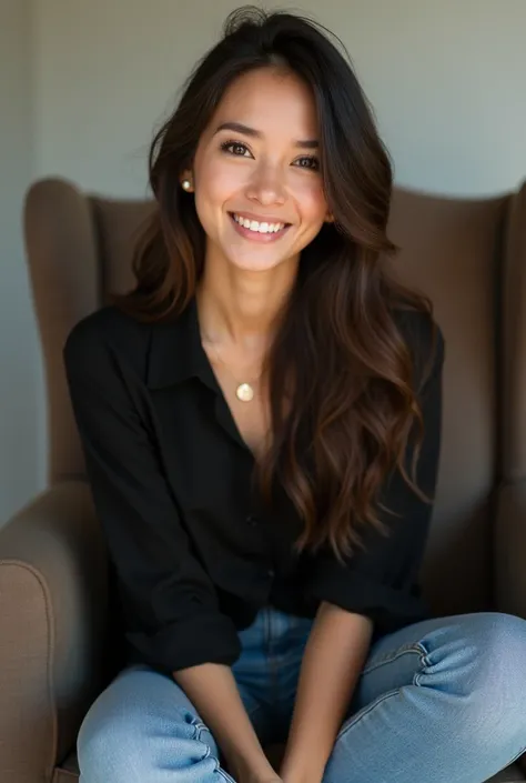  A woman wearing jeans and a black blouse sitting on a full length chair. She has long dark brown hair , Has a long face,  brown-eyed . She looks at the camera smiling. 