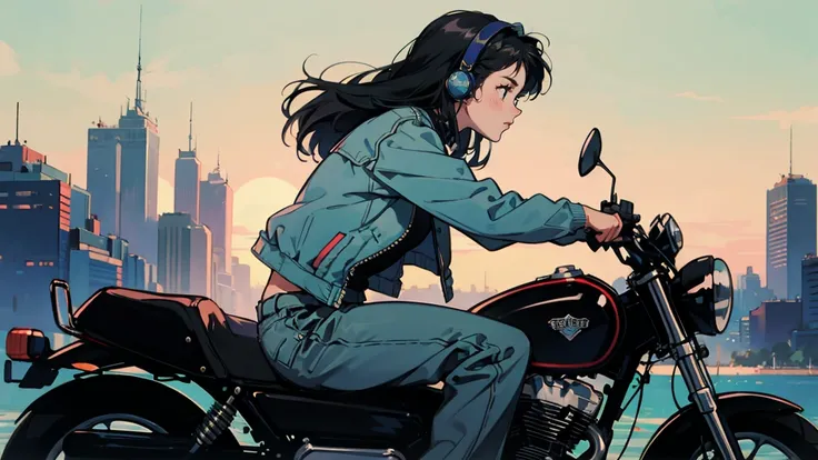  top quality , 8k,  1990s style , 2010s hairstyle,  21 year old girl , (( LOOK HERE)),  headphones , Im pensive,   black hair,  long hair,  light blue eyes , city pop,  leather jacket , leather pants , Lean on the side of the bike, Cheek resting on hand, f...