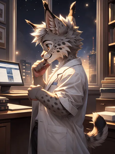 (gray fur:1.3), lynx, (young:1.3), shota, solo, paw pads details, cover page, top quality, paid reward available, unparalleled masterpiece, perfect artwork, Recording research, easygoing, white lab coat, Touching his chin and thinking, masterpiece, (16K), ...