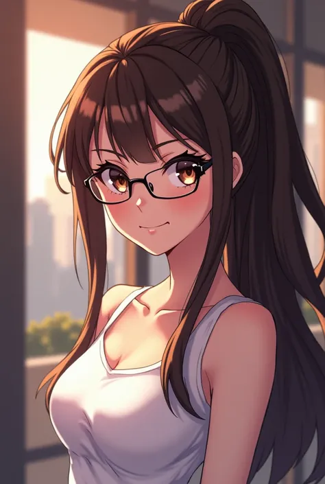 create an anime portrait of me. I got glasses, long brown hair in a pony tail, white maglioncino and im sexy
