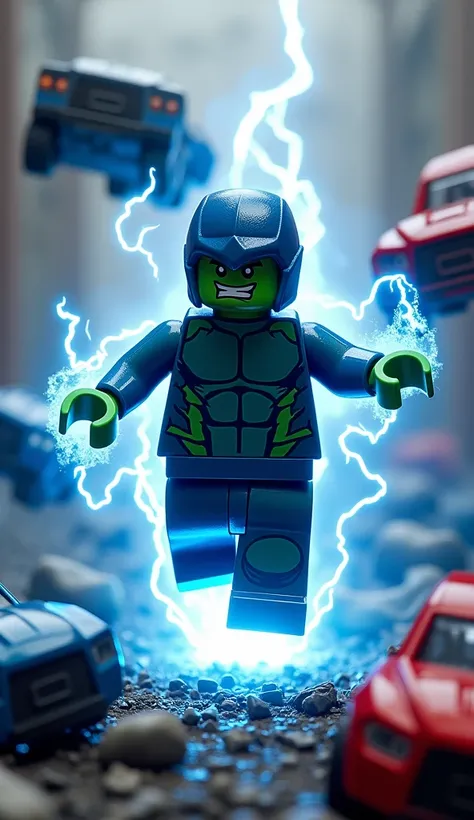 Lego magneto merged with lego hulk, floating mid air, blue suit, in a scrapyard, bent cars floating around, blue lightenings, strong magnetic field, lego.