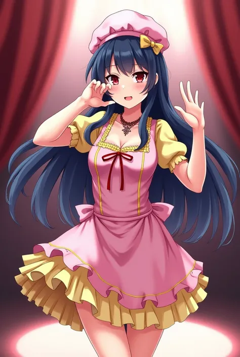 (Masterpiece, Anime Style, Best quality) 2D illustration, professional work, trending on pixiv, Japanese Idol anime, Perfect fingers, perfect arms. posing sensually. hot girl, singing. alone on a stage. full body. dark blue hair. long and lush hair. red ey...