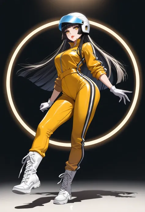 1girl, black hair, hime cut, bruce lee jumpsuit, white helmet, blue visor, white gloves, red lips, white boots, black shoelaces, white hips armor,yellow eyes,(best quality,4k,8k,highres,masterpiece:1.2),ultra-detailed,concept art,digital art,detailed facia...