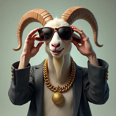  The scapegoat wears sunglasses wears a large gold necklace stands with two legs smile Full style right hand touches the tip of the glasses being worn.. The left hand touches the gold necklace on the neck of the goat  