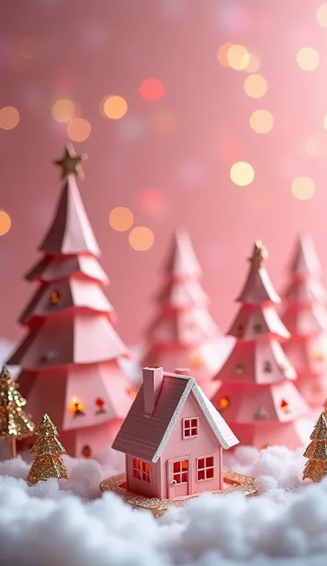  MerryChristmas、💡、Christmas houses and Christmas trees made with three-dimensional, miniature-like origami、Origami and kirigami 、 no people、 The background blurs Christmas ornaments 、 high image quality、The whole thing is pink 