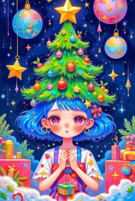 there is a cartoon girl with a christmas tree on her head, jen bartel, magical tree, seasons!! : 🌸 ☀ 🍂 ❄, colorfull illustration, a beautiful artwork illustration, with a tall tree, christmas tree, magic tree, fairy-tale illustration style, by JoWOnder, la...