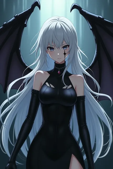 Create a half-demon heroine who controls shadows with white hair and black eyes as well as a mark on her left eye, two wings similar to those of an anime-style bat.