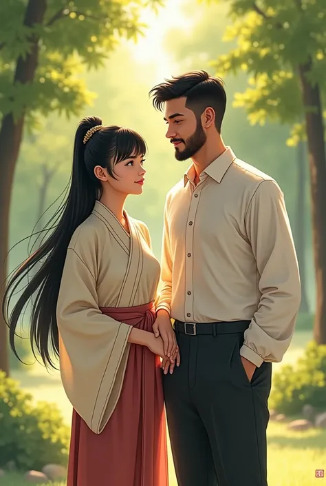 "A digital illustration of a 20-year-old girl and a 25-year-old man. The girl has long black hair, is wearing a modest traditional outfit, and looks youthful and confident. The man has short black hair, a neatly trimmed beard, and is wearing a formal shirt...