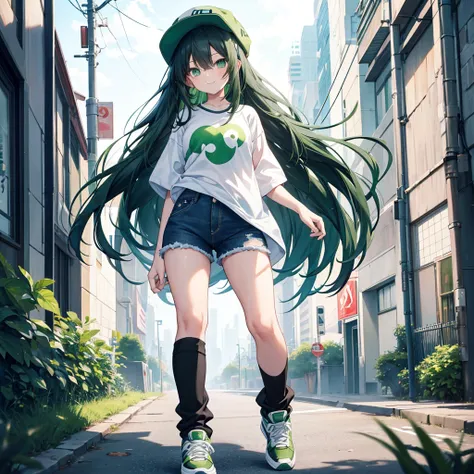 A teenage anime girl ,Standing straight ، with a cute smiling face, green eyes, very long black hair And tidy , and wearing a white shirt. short denim Jeans، Skinny thigh، and green socks with sneakers، Green hip hop hat