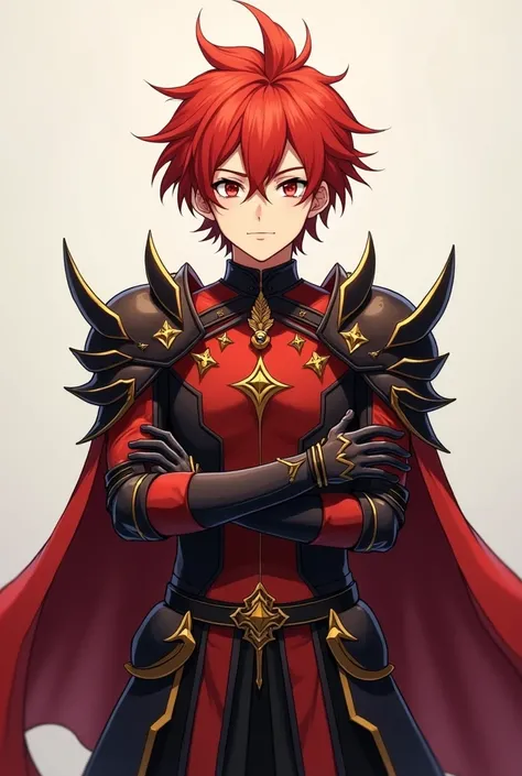 a anime boy who had short red-like hair with dark-like red and black armor with small golden detail, and a red cape