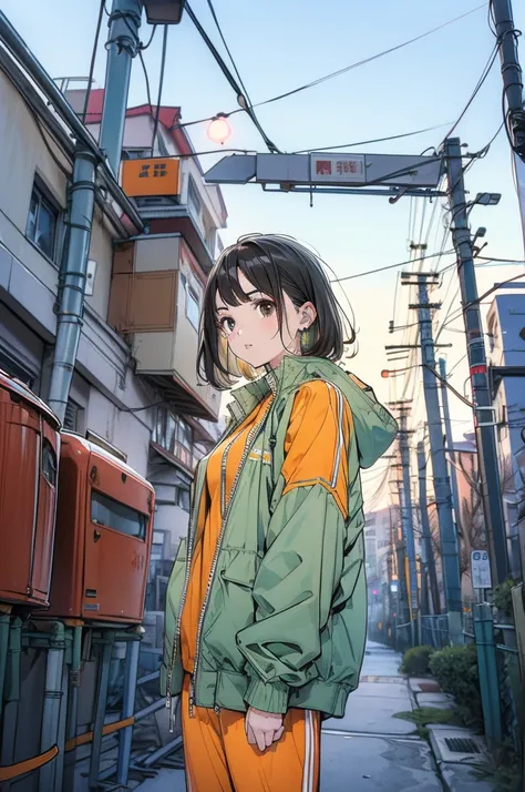 1girl, solo, outdoors, brown eyes, black hair, jacket, jewelry, mailbox, looking at audience, orange pants, construction, earrings, power cord, long sleeves, green jacket