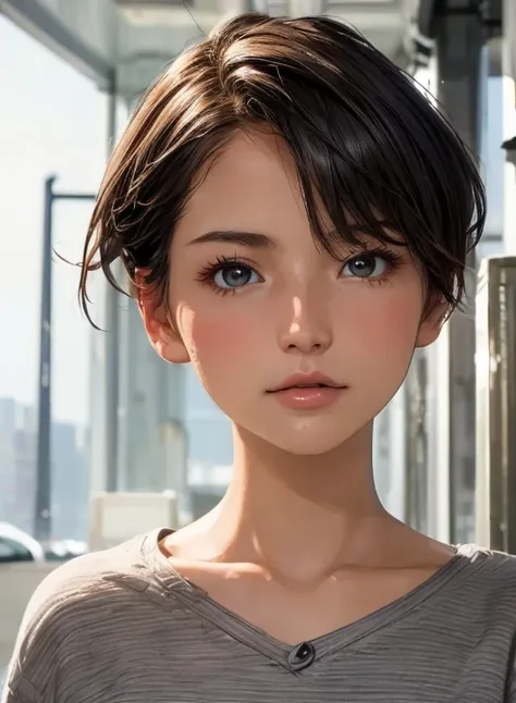 (  Masterpiece  :1.3), (  top quality : 1.4), 
 Cinematic Lighting , 
( 1 girl),  beautiful face, ( realistic face), 
 beautiful hairstyle :1.8, (Super short hair:1.4),
  Real Eyes ,  beautiful detailed eyes, 
(  Real Skin),  beautiful skin, 
( casual fash...