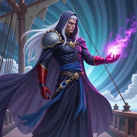 setting is d&d sci-fi, color, anime art-style. 

a dangerous, pale, Astral Elf male stands on the deck of a ship that is flying through cosmos. he has long white hair.  he is wearing dark, hooded robes. black robes, colored with cosmic, swirling galaxy pat...