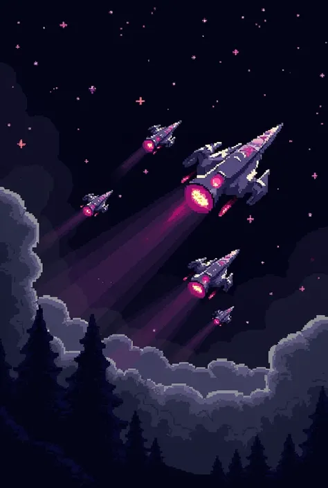 Create a pixel scene of alien ships, em cores roxas em pixels, It has to be in pixels

