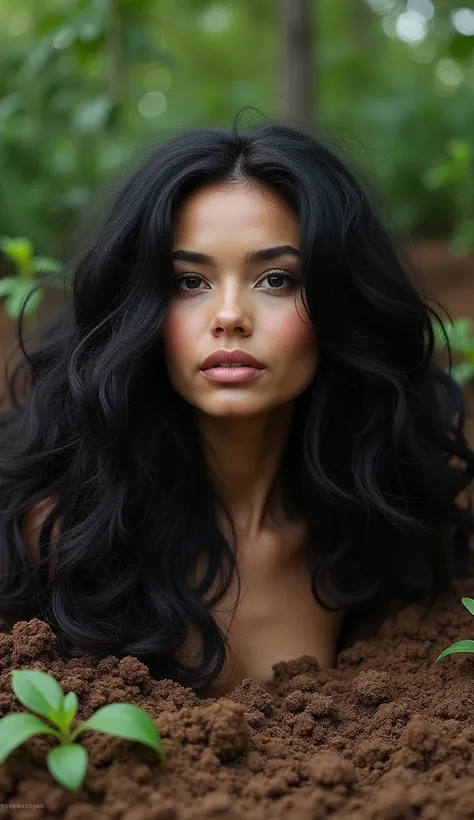 A piece of the head of a beautiful latina woman with very long hair is very bushy, neckless, buried standing in a garden, only her head visible , disekitarnya hanya ada tanah liat, realistic face, realistic photo, realistic hair, widespread hair around the...