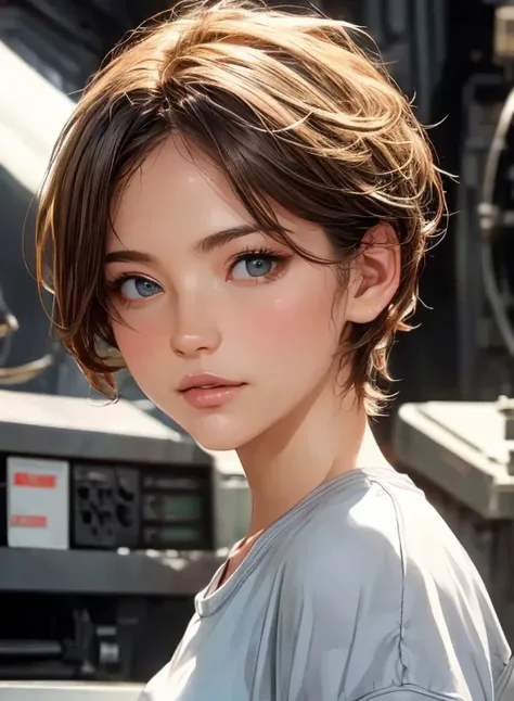 (  Masterpiece  :1.3), (  top quality : 1.4), 
 Cinematic Lighting , 
( 1 girl),  beautiful face, ( realistic face), 
 beautiful hairstyle :1.8, (Super short hair:1.4),
  Real Eyes ,  beautiful detailed eyes, 
(  Real Skin),  beautiful skin, 
( casual fash...