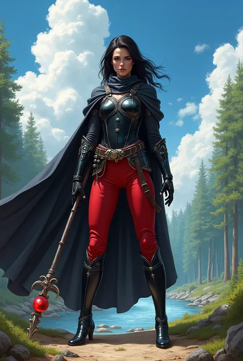 In RPG style, in style of Dungeons & Dragons, in style of fantasy painting. Full body view, looking at the viewer. Image of a female mage holding metal quarterstaff with small red crystal on top.Tight black red cloth armor with dark grey cape, red pants, b...