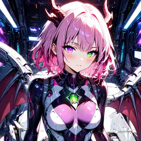 (dragon install:1.3), dragon horns, mechanical dragon wings, cool android girl, solo, medium hair, messy hair, shaggy hair, Pale pink hair, gradation colors hair, streaked hair, green eyes, hologram eyes, glowing eyes, armored exoskeleton on taut bodysuit,...