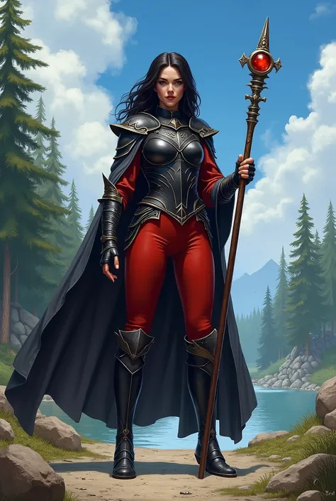 In RPG style, in style of Dungeons & Dragons, in style of fantasy painting. Full body view, looking at the viewer. Image of a female mage holding metal quarterstaff with small red crystal on top.Tight black red cloth armor with dark grey cape, red pants, b...