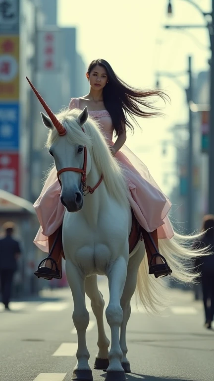 A beautiful Indonesian woman with long flowing hair rides a giant Siberian unicorn walking through the streets of a Japanese city Professional living  , 4k, HD, UHD, 8K,  High detail ,             ultra definition 