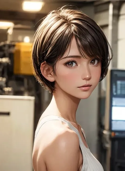 (  Masterpiece  :1.3), (  top quality : 1.4), 
 Cinematic Lighting , 
( 1 girl),  beautiful face, ( realistic face), 
 beautiful hairstyle :1.8, (Super short hair:1.4),
  Real Eyes ,  beautiful detailed eyes, 
(  Real Skin),  beautiful skin, 
( casual fash...