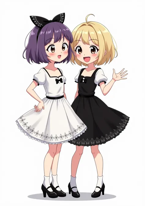 Two cartoon girls, one with short purple hair and the other with short blonde hair, full body in a black and white dress 