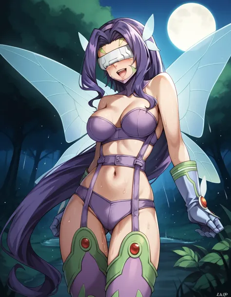 score_4, score_5, score_6, score_9, score_8_up, score_7_up, 1girl,  kazemonxl, kazemon, visor, purple hair, very long hair, digimon (creature), hair ornament, covered eyes, purple bikini, garter straps, purple belt, thigh boots, purple hairband, white glov...