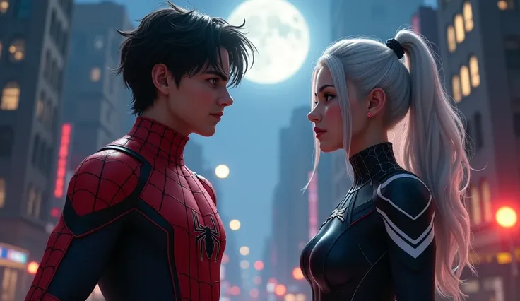  Create a realistic photo taken from afar of the characters Parker Peter  ( this  has wavy hair from TikTok , 18 years old,  with a young and attractive face and slim and athletic body ,  he wears an iron spider outfit  (endless war)) And Felicia Hardy  ()...