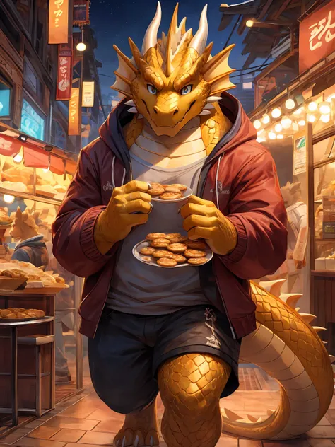 (golden scales:1.3), (golden fur), dragon, solo, paw pads details, cover page, top quality, paid reward available, unparalleled masterpiece, perfect artwork, Eating takoyaki, Holding a box of takoyaki, at night, in Food court, curious, easygoing, masterpie...