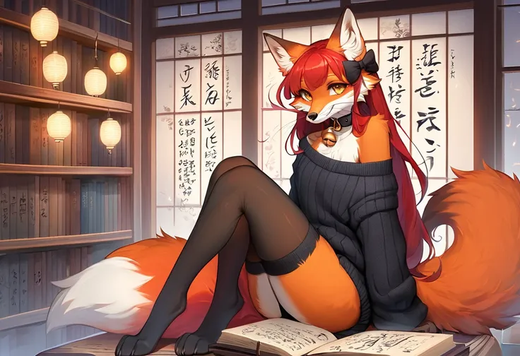 full body、Solo、unpralleled masterpiece、Detailed、 Beautiful、 score_9、 score_8_up、 score_7_up、moody atmosphere、mysterious、fox、anthro、furry、female、orange fur、(long hair、beautiful hair、dark scarlet red hair、side swept hair、bangs、hair bow in hair)、yellow eyes、(...