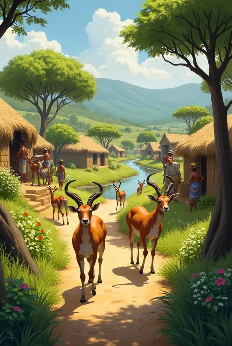 An African village where ren are running around 