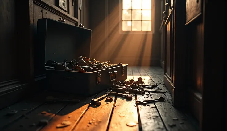 
11. **A toolbox open in the corridor, with tools scattered in a disordered manner, while the morning sunlight enters through the window, creating elongated shadows on the wooden floor.**