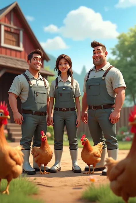  Create an image of five men and a woman on a chicken farm. They wear gray uniforms and white Disney Pixar-style boots 