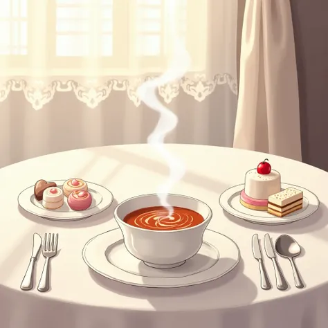 An anime-style illustration depicts an elegant dining setup on a table.

Food and Tableware Details
White Ceramic Bowl and Plate:

A beautifully crafted white ceramic bowl and plate hold a small portion of hot, steaming soup.
The soup appears rich and crea...